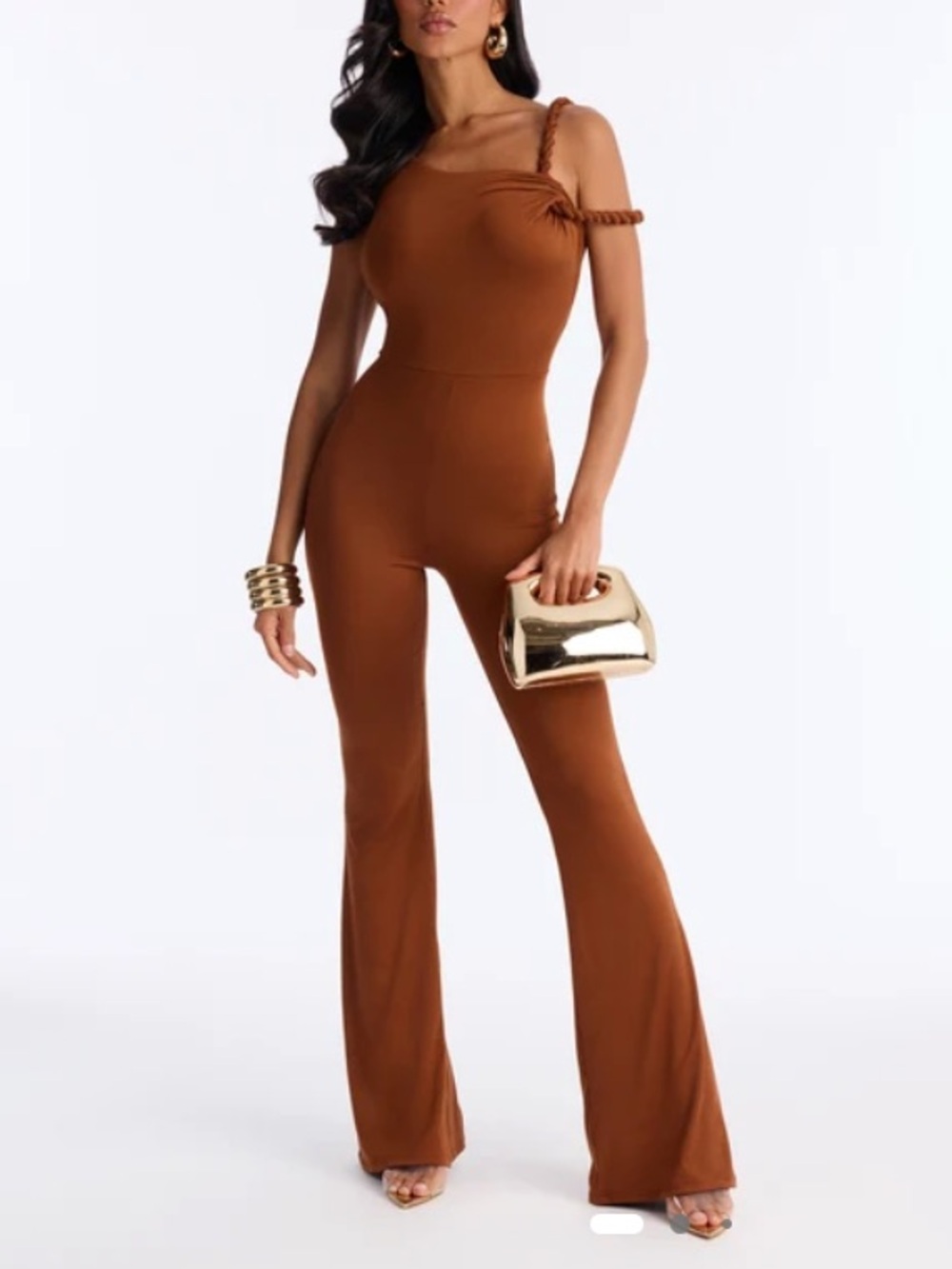 Fashion Nova One-Shoulder Brown Rope-Strap Jumpsuit